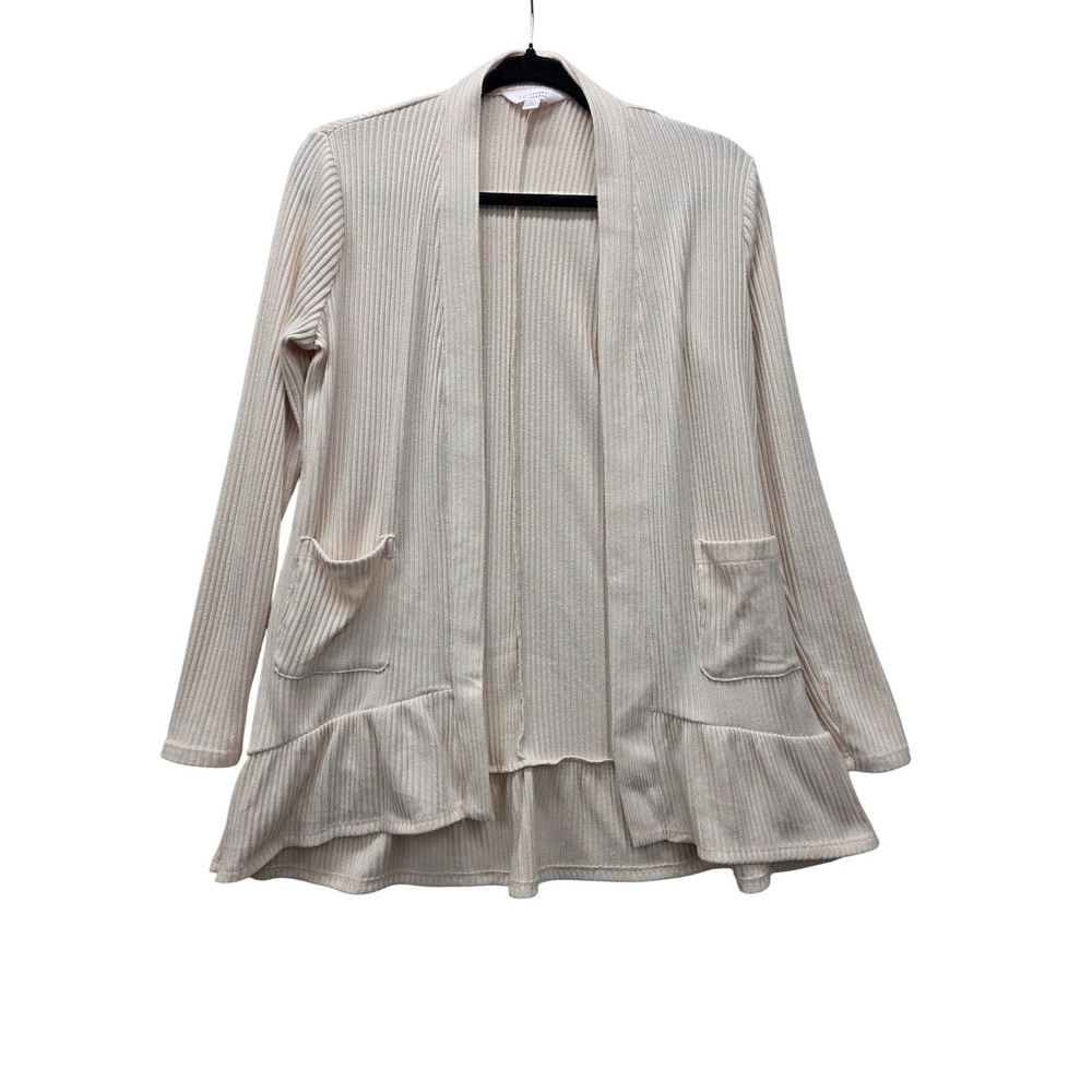 LC Lauren Conrad Cream Ribbed Ruffle Hem Open Front Cardigan Sweater Womens S